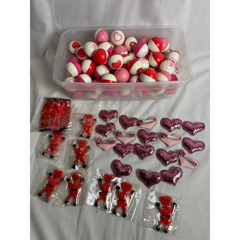 Bulk Favor Lot 85 Valentine Stress Balls 15 Glitter Heart Clips 10 Bendy Figures